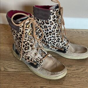 Sperry Leopard Print Top Sider Hikergish Lace-Up Ankle Boots in Tan and Black NF